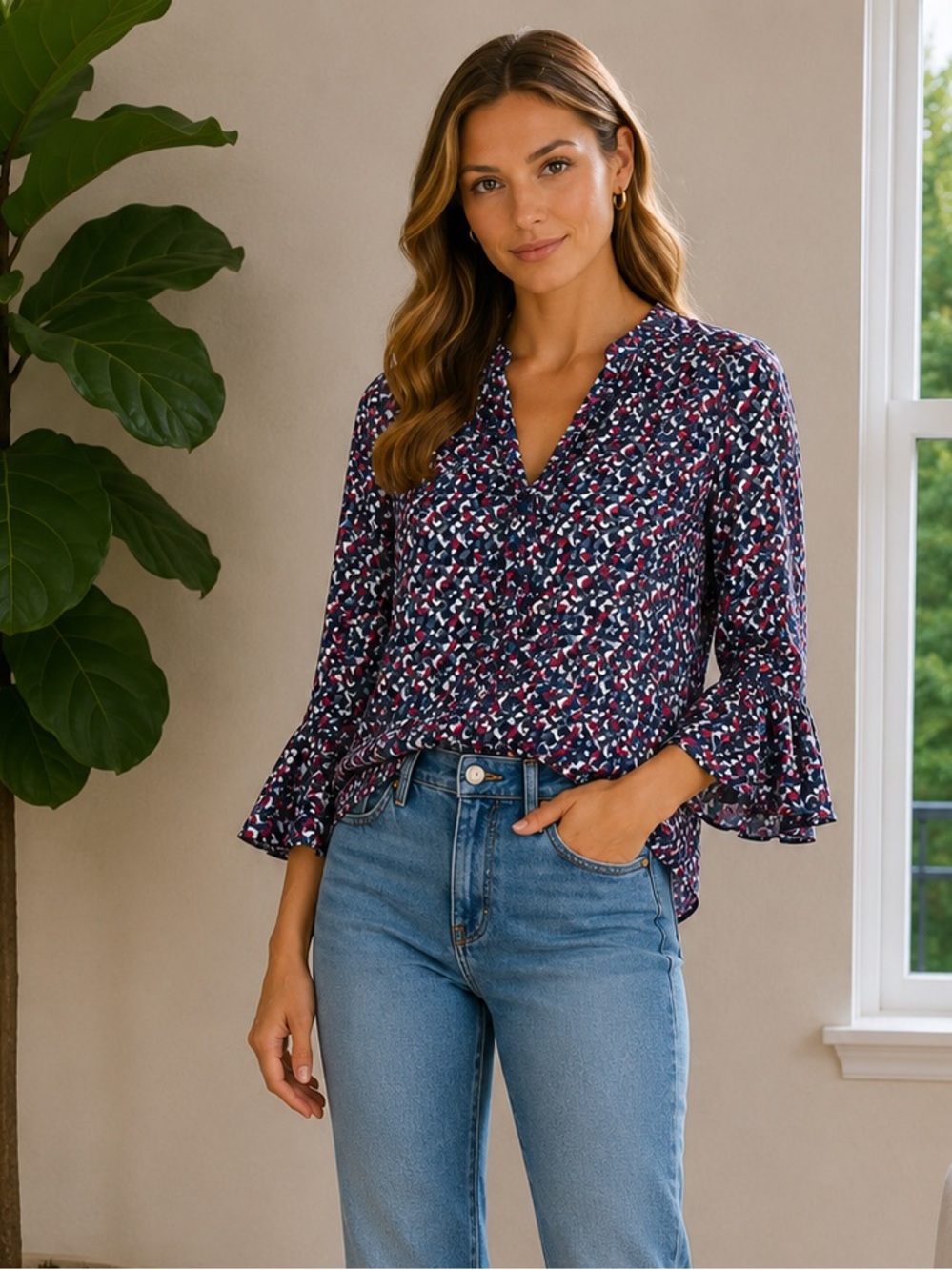 Lauren‎ Ralph Lauren Abstract Geometric Print Peasant Blouse size Large